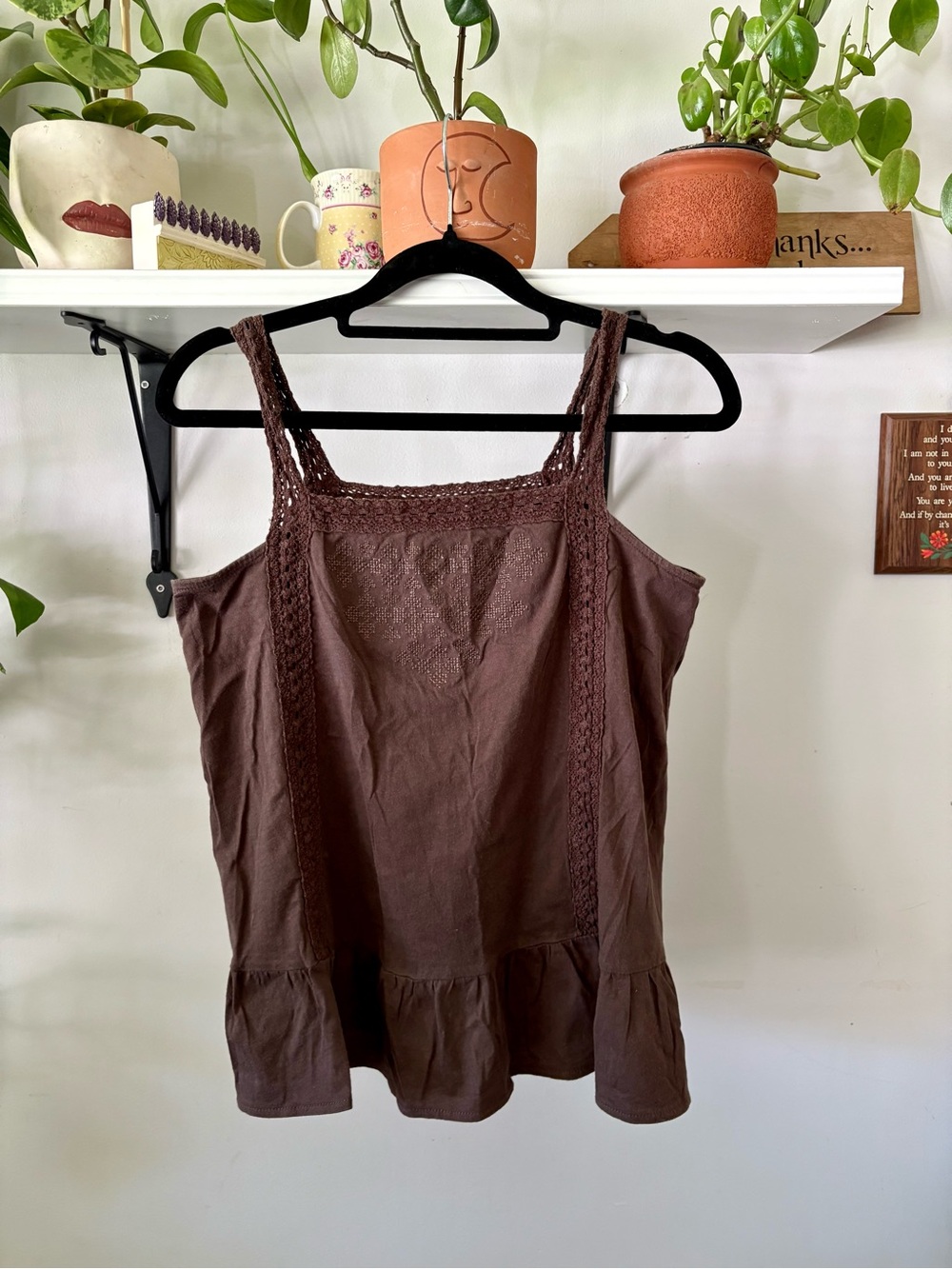 Equipment Brown Lace-Trim Cotton Camisole